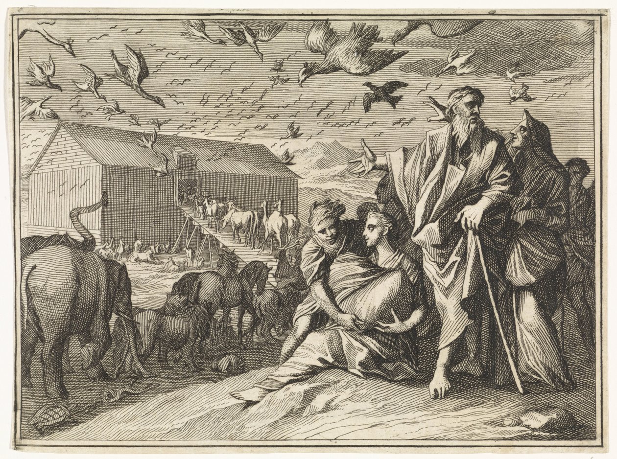 Noach en zijn gezin begeven zich richting de ark door Caspar Luyken