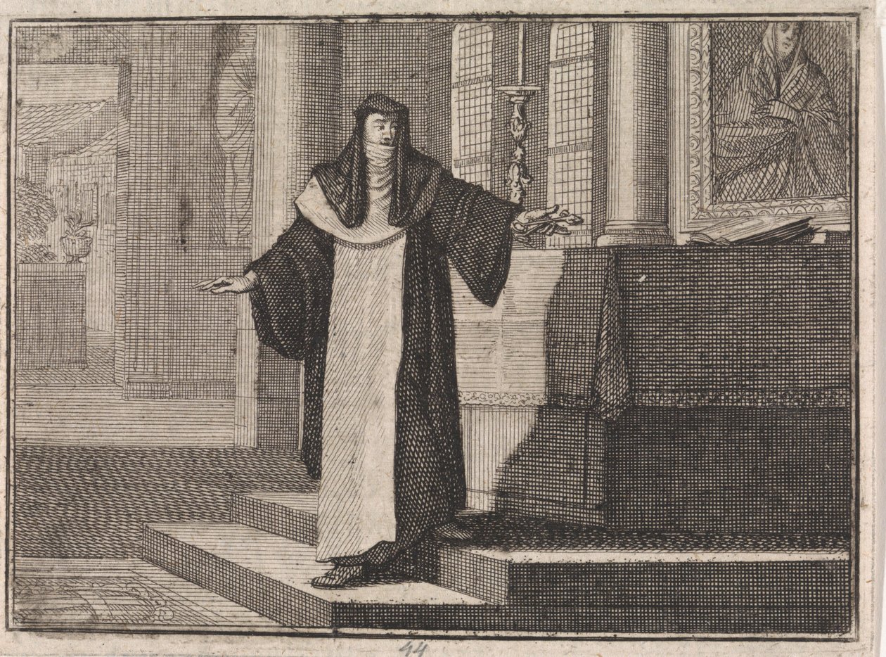Non legt een sleutel op een altaar voor een afbeelding van Maria door Caspar Luyken