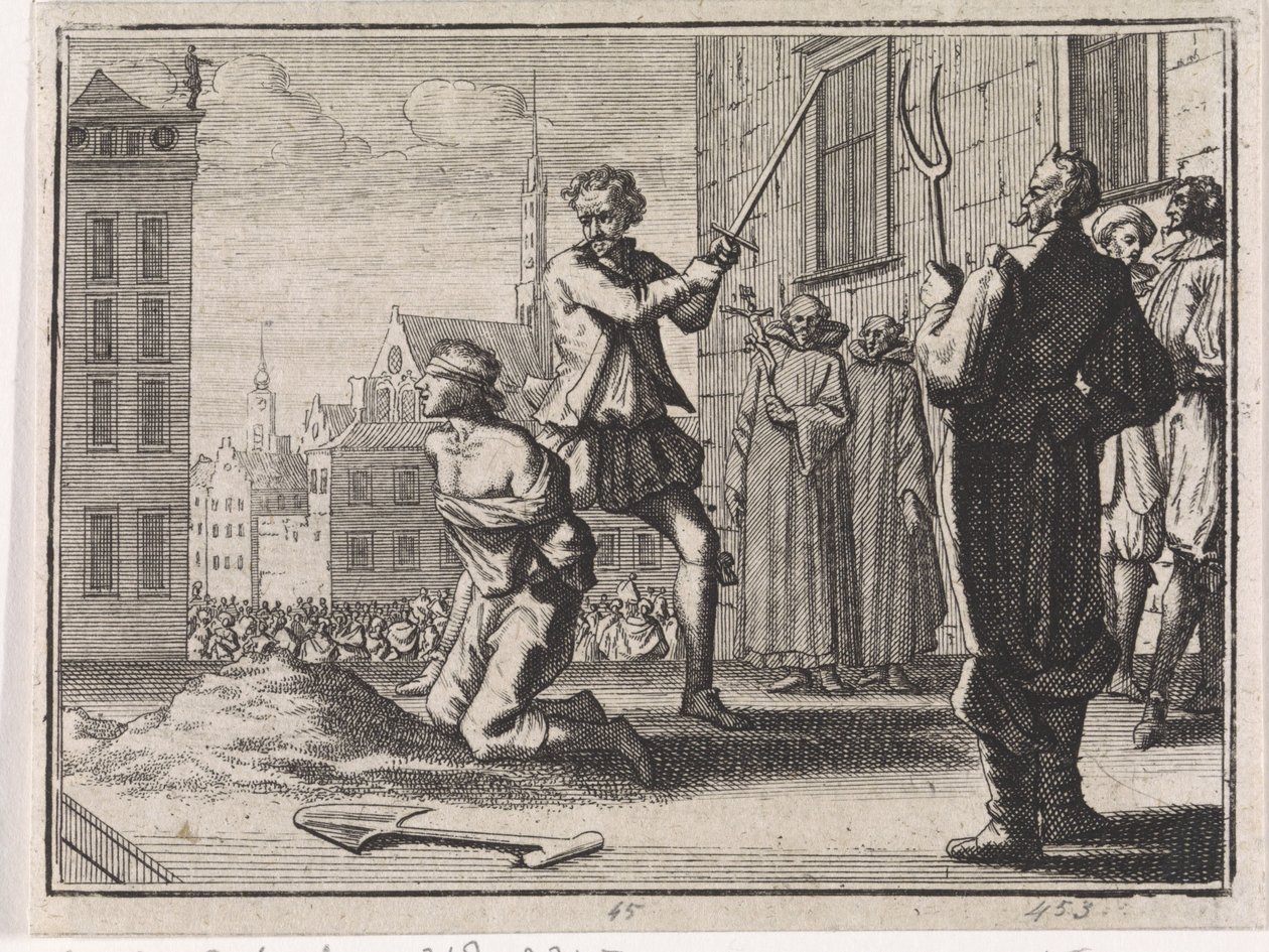 Onthoofding van een jongen onder toeziend oog van geestelijken en de duivel door Caspar Luyken