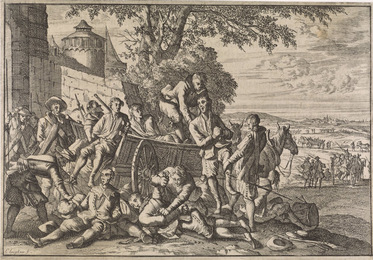 Spaanse soldaten worden op karren geladen en weggevoerd, 1641 door Caspar Luyken