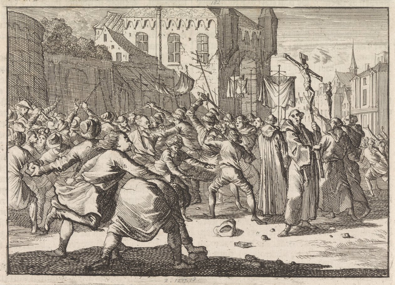 Processie begroet met steenworpen in Danzig, 1678 door Caspar Luyken