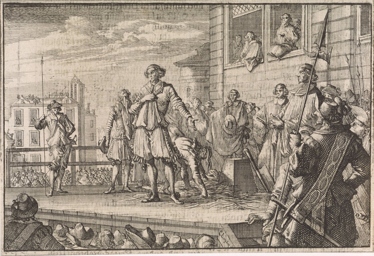 Thomas Wentworth, graaf van Strafford spreekt het volk toe vanaf het schavot, 1641 door Caspar Luyken
