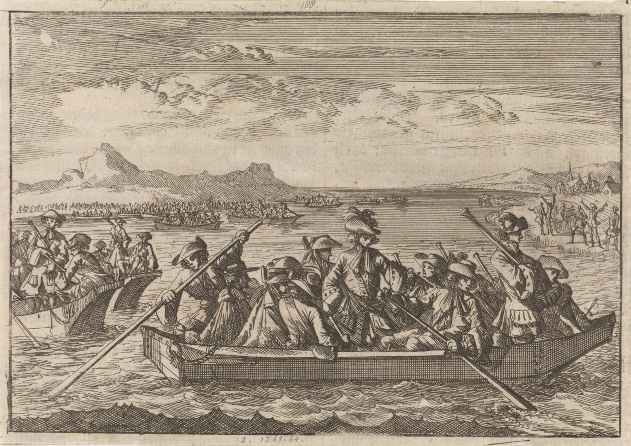 Uit Savoye verjaagde Waldenzen keren in schuiten over het meer van Genève terug naar hun land, 1689 door Caspar Luyken