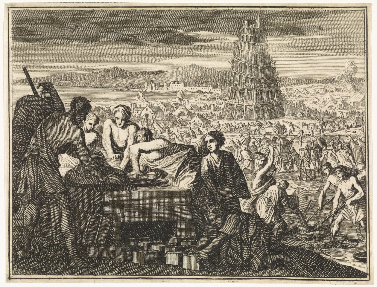Vervaardigen van stenen voor de Toren van Babel door Caspar Luyken