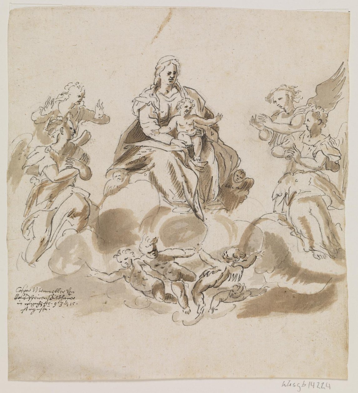 Maagd Maria met kind in de hemel omringd door engelen en putti door Caspar Menneler