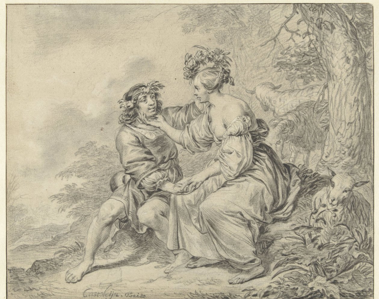 Herder en herderin zittend in een landschap door Casper Casteleyn