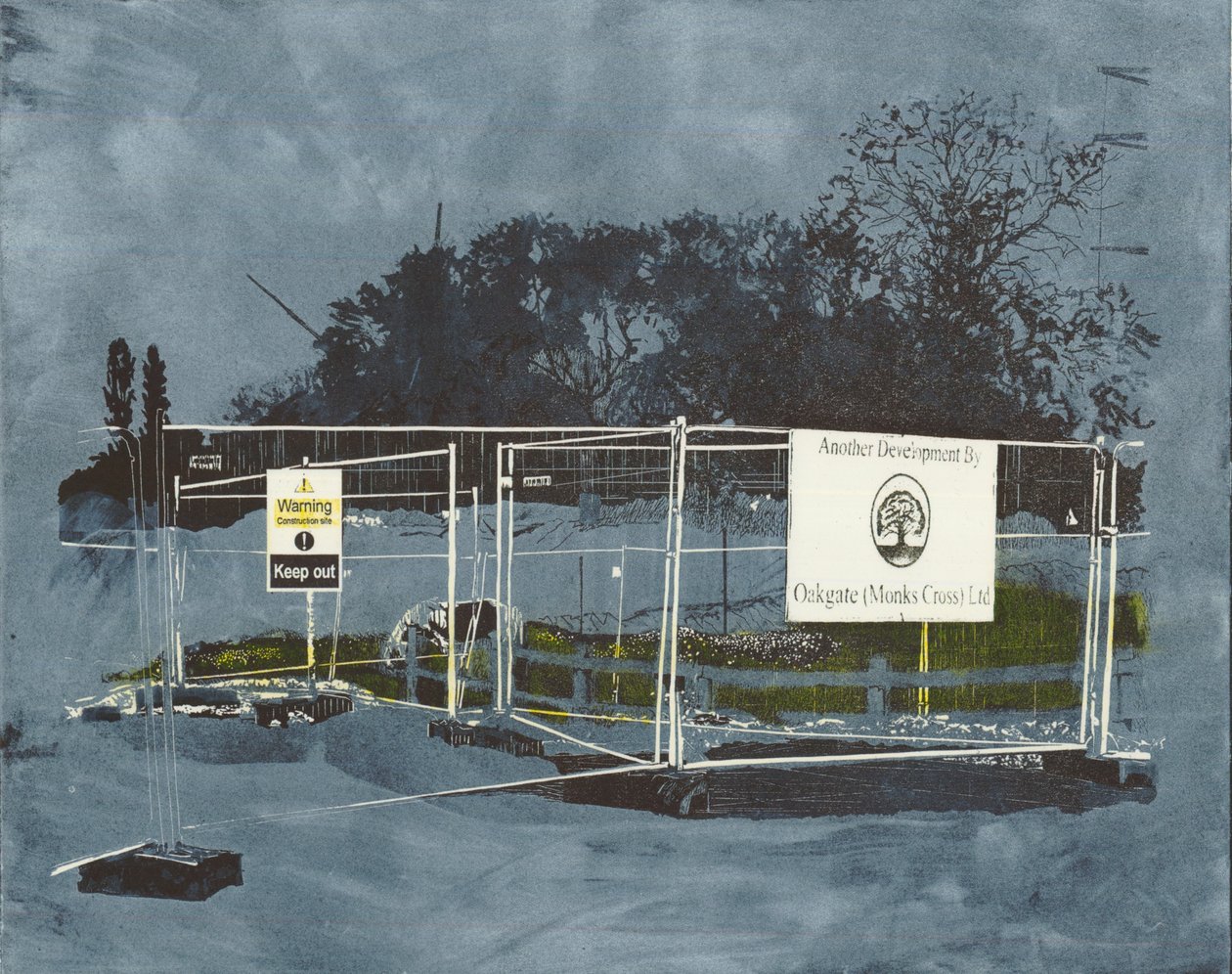 Een impact op het landschap, 2014 (linoleumsnede en ets) door Catherine Sutcliffe Fuller