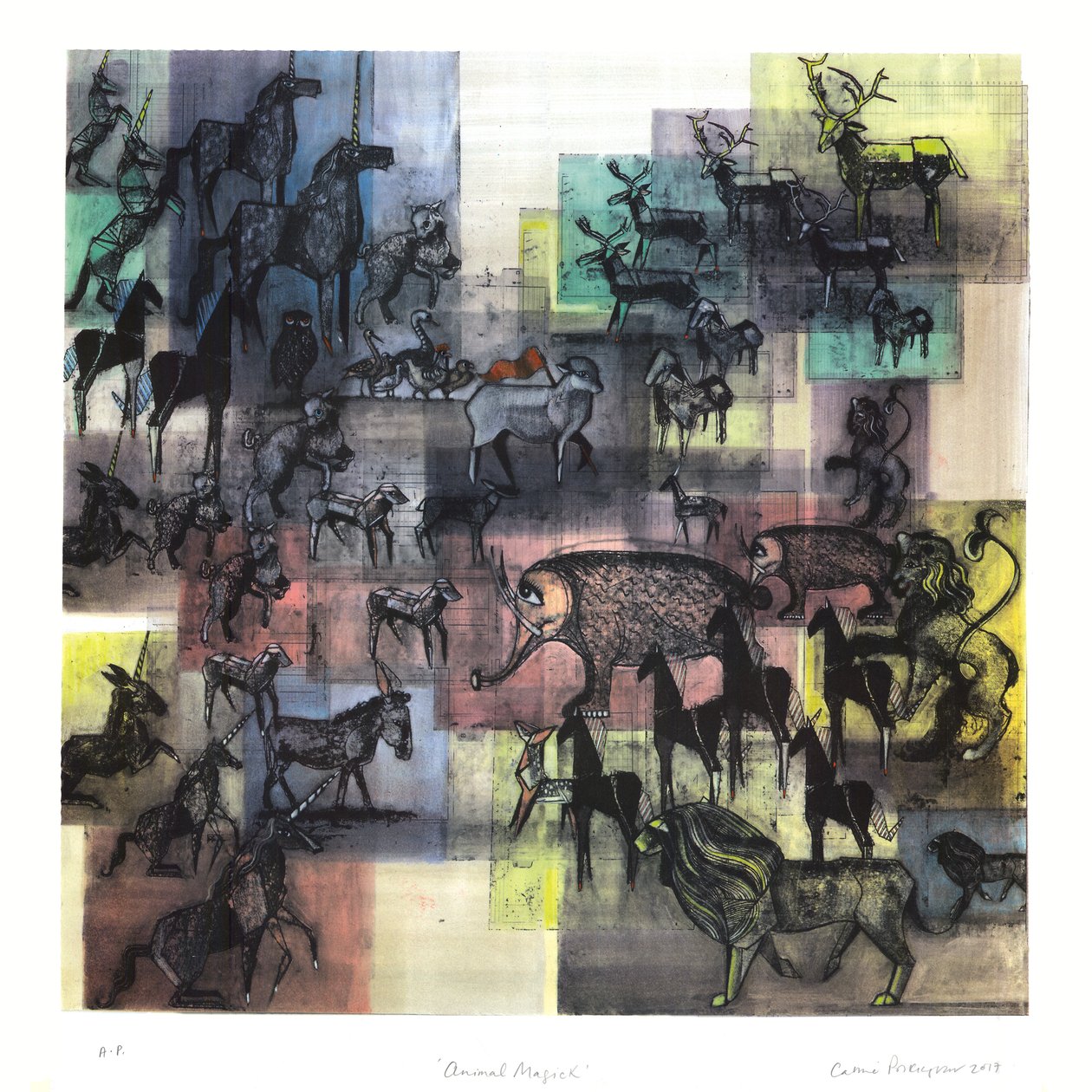 Dierenmagie, 2017 (handgekleurde litho) door Cathie Pilkington