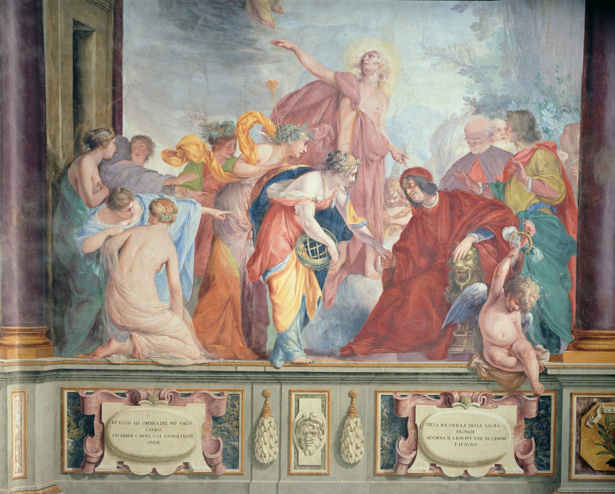 Lorenzo de Medici en Apollo verwelkomen de muzen en deugden in Florence door Cecco Bravo