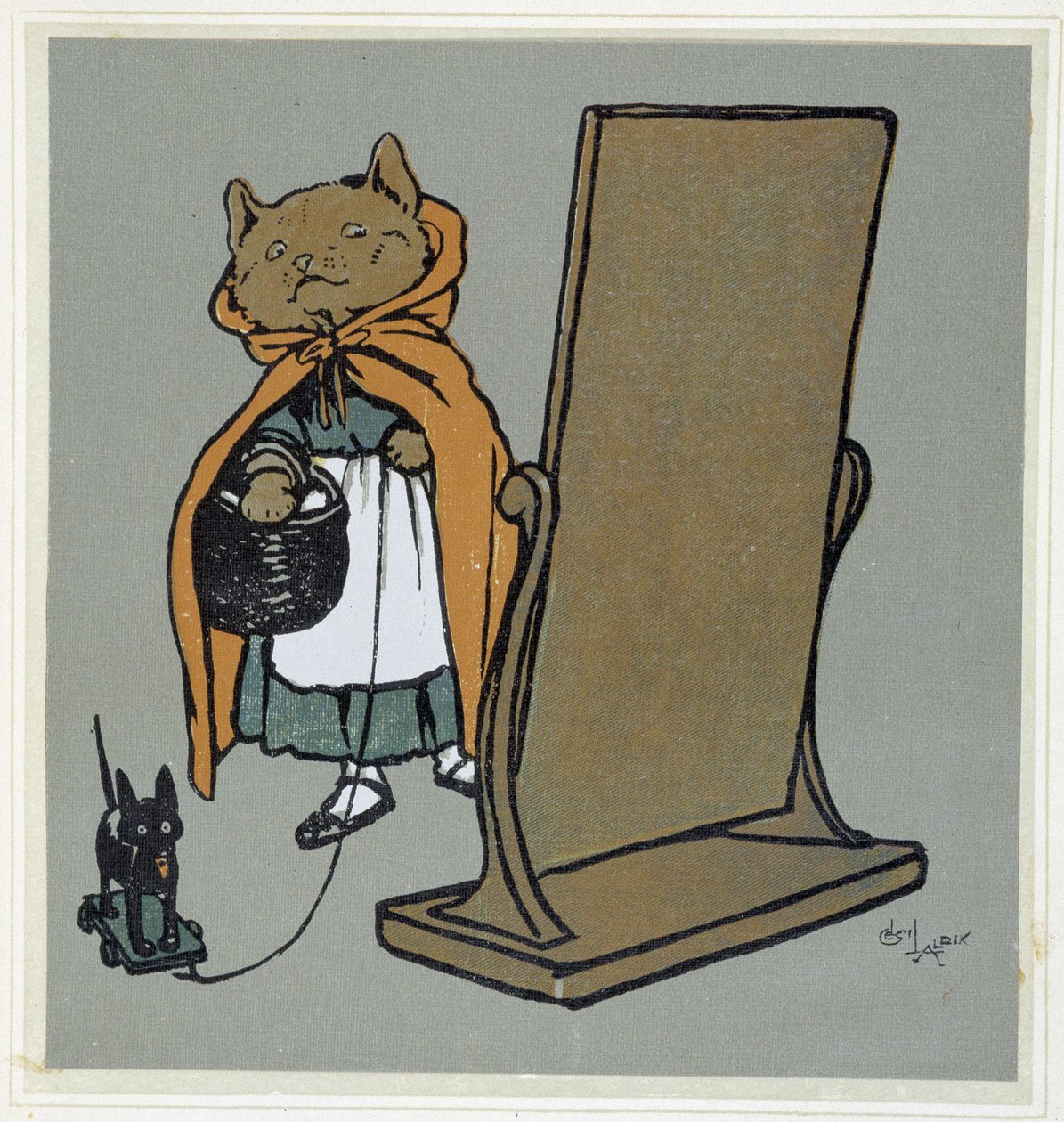 Kat voor zijn spiegel - tekening door Cecil Aldin door Cecil Charles Windsor Aldin