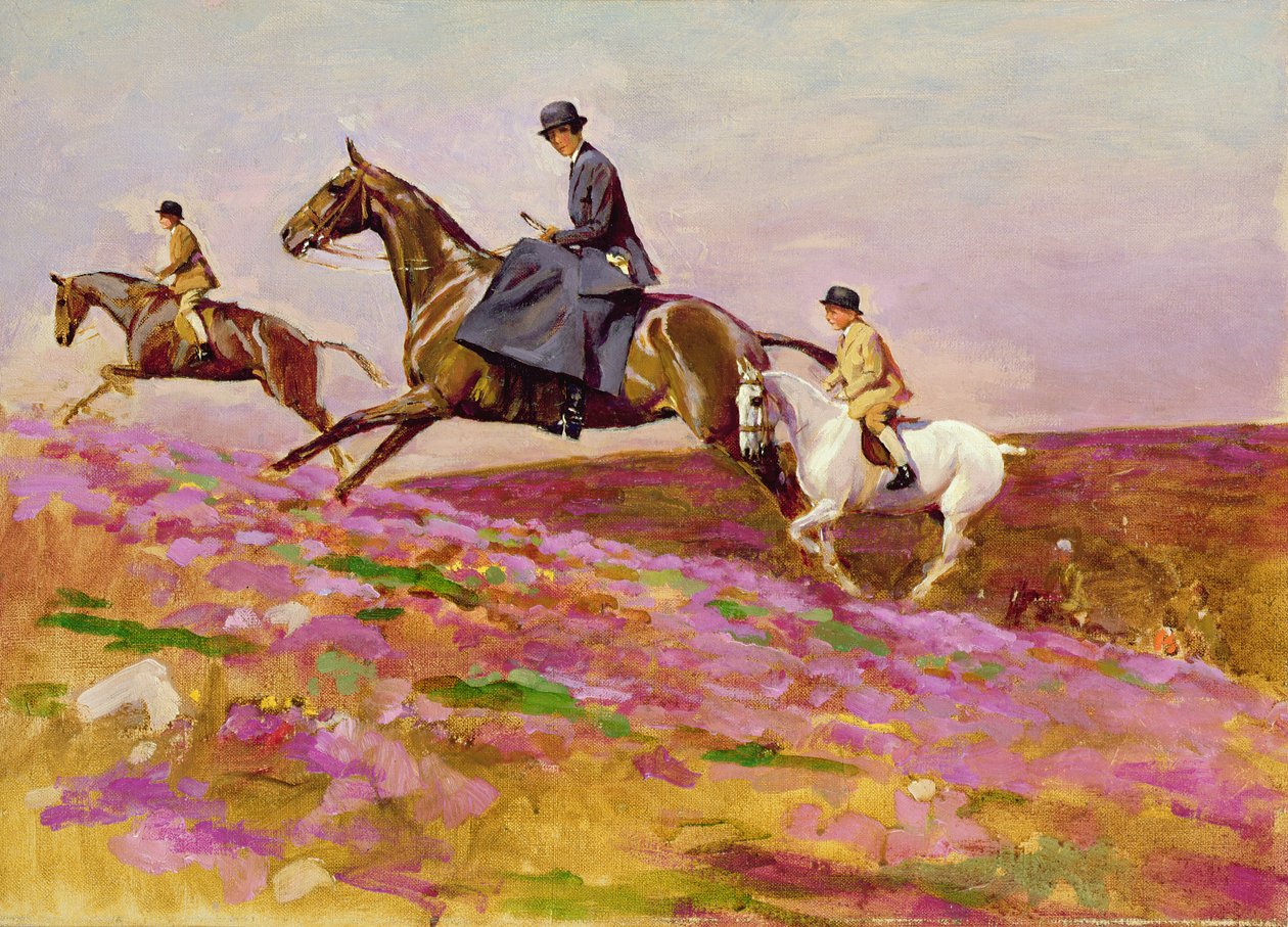 Lady Currie met haar zonen Bill en Hamish op jacht in Exmoor door Cecil Charles Windsor Aldin
