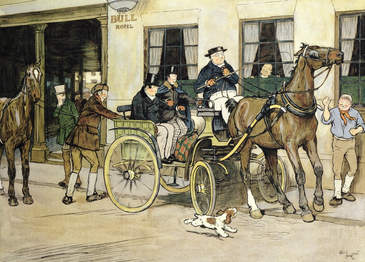 De Pickwickians vertrekken vanuit het Bull Hotel in Rochester door Cecil Charles Windsor Aldin