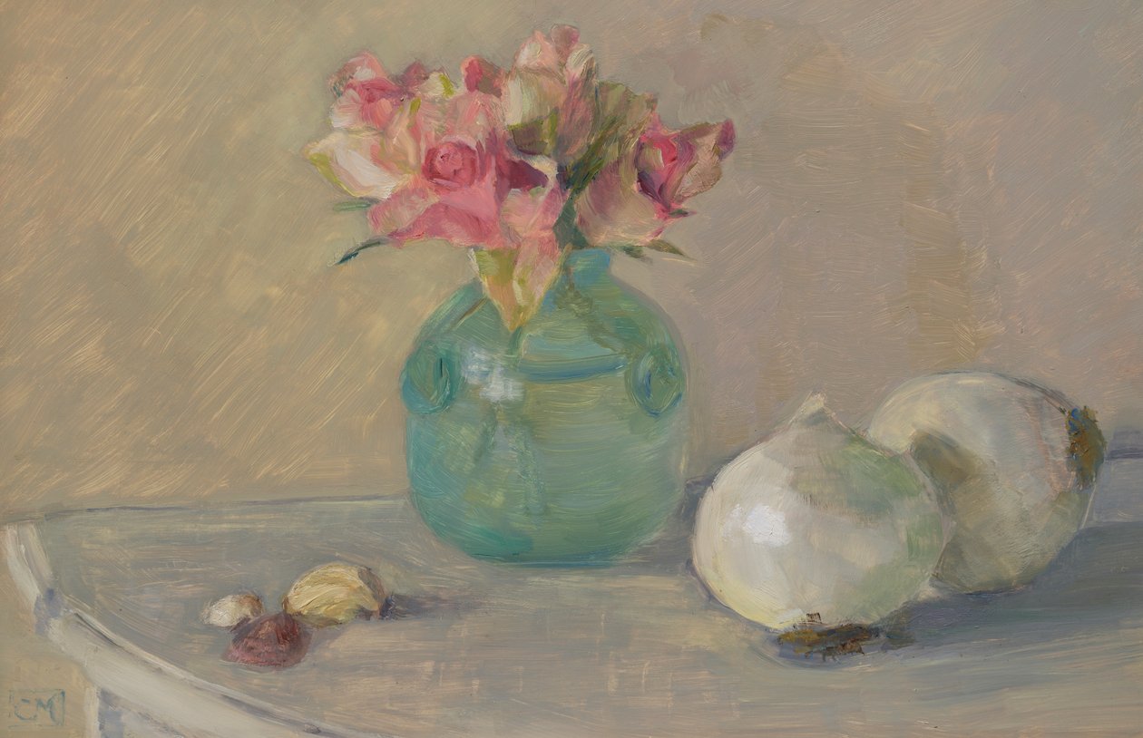 Venetiaanse rozen en uien (Olieverf op paneel) door Celia Montague
