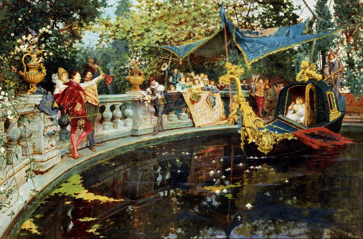 Het vertrek cesare. Vermaak aan het hof van Engeland: boottocht in een bassin. Schilderij van Agostino Detti (1847-1914 Italiaans) Privécollectie door Cesare-Auguste Detti