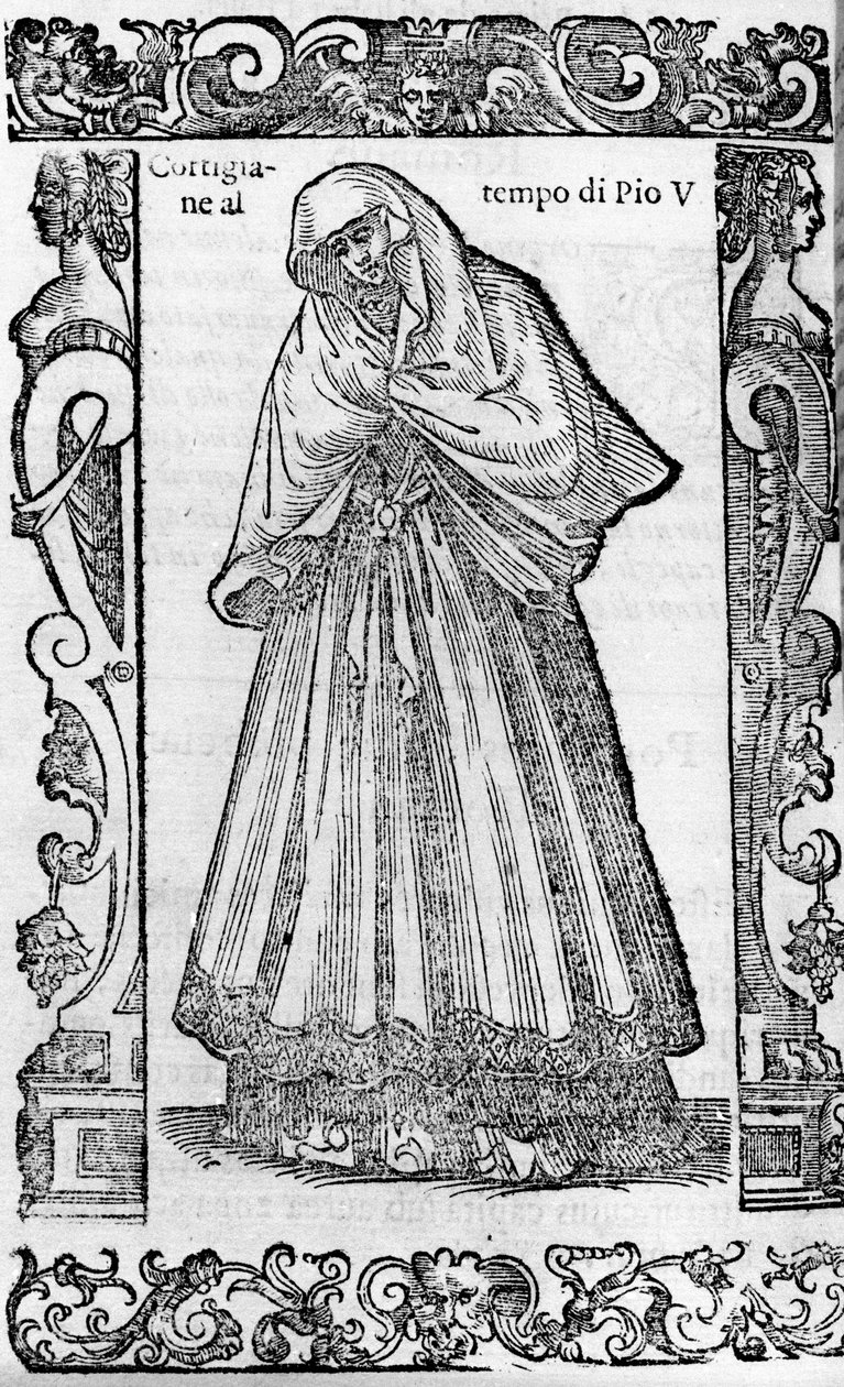 Renaissance: een courtisane ten tijde van paus Pius V (1566-1572). Gravure uit 