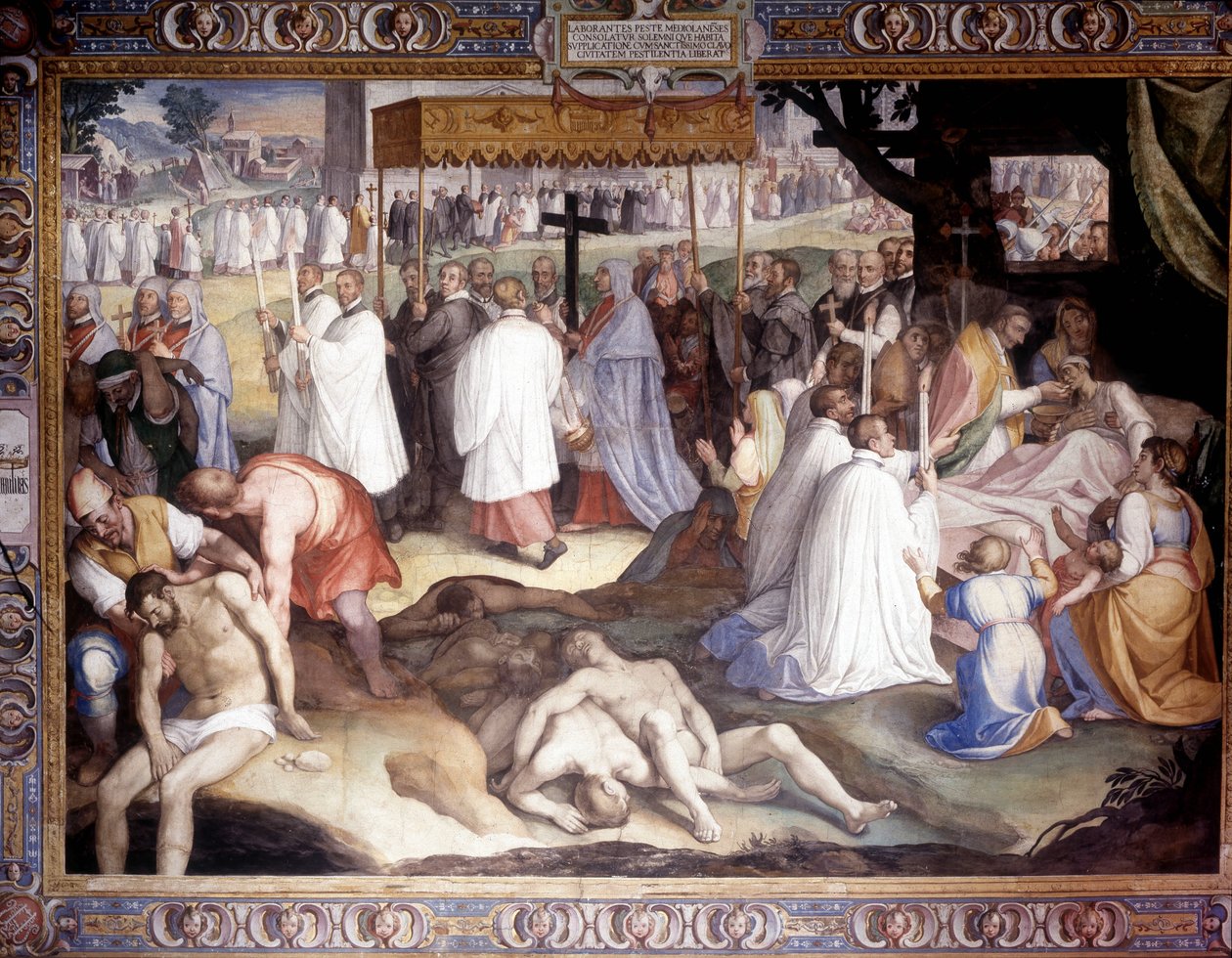 Pest van Milaan: Sint Charles Borromeo (San Carlo Borromeo) (1538 - 1584) communiceert de stervenden. Fresco door Carlo Nebbia in het Borromeo College in Pavia. 16e eeuw door Cesare Nebbia