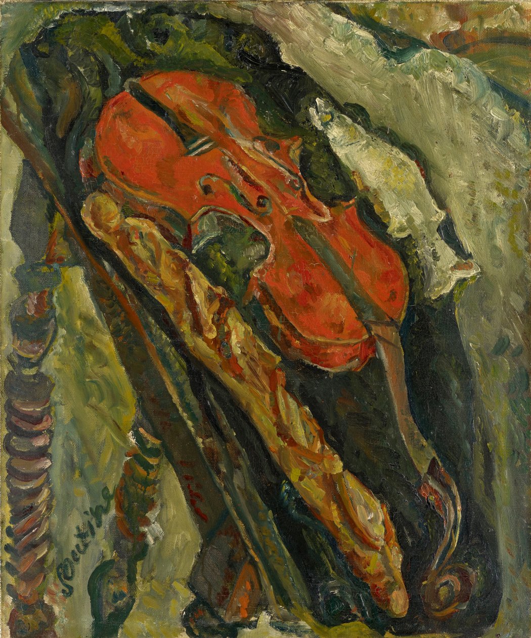 Stilleven met viool, brood en vis door Chaim Soutine