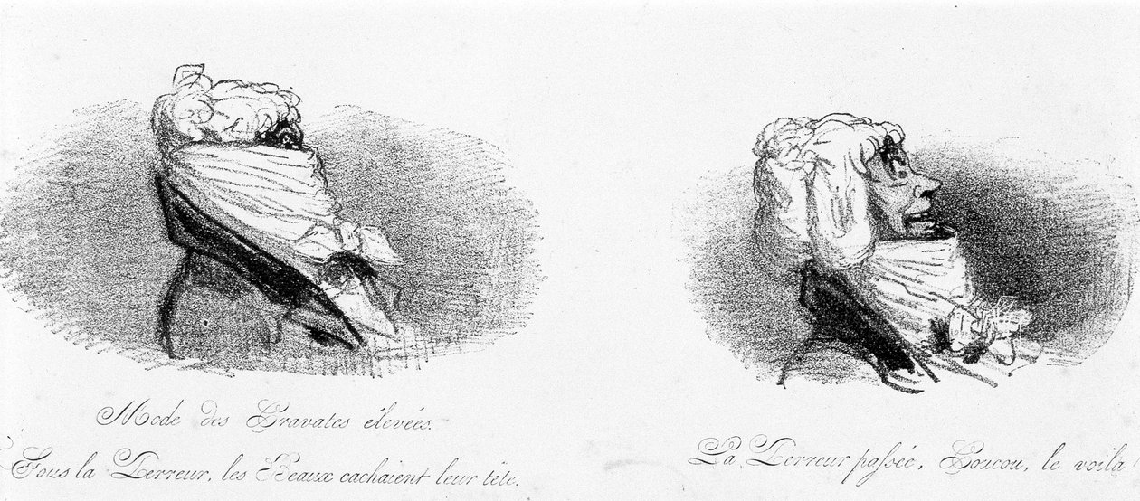 Satirische tekening over de bourgeoisie ten tijde van de Franse revolutie. "Mode van hoge dassen: onder de Terreur verstopten de schoonheden hun hoofden... Na de Terreur... Hé, daar is hij!" In "Tortures de la mode" door Cham door Amédée de Noé