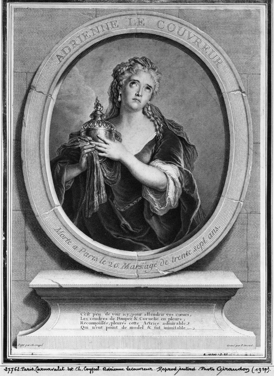 Adrienne Lecouvreur (1692-1730) gegraveerd door Pierre Drevet door Charles Antoine Coypel
