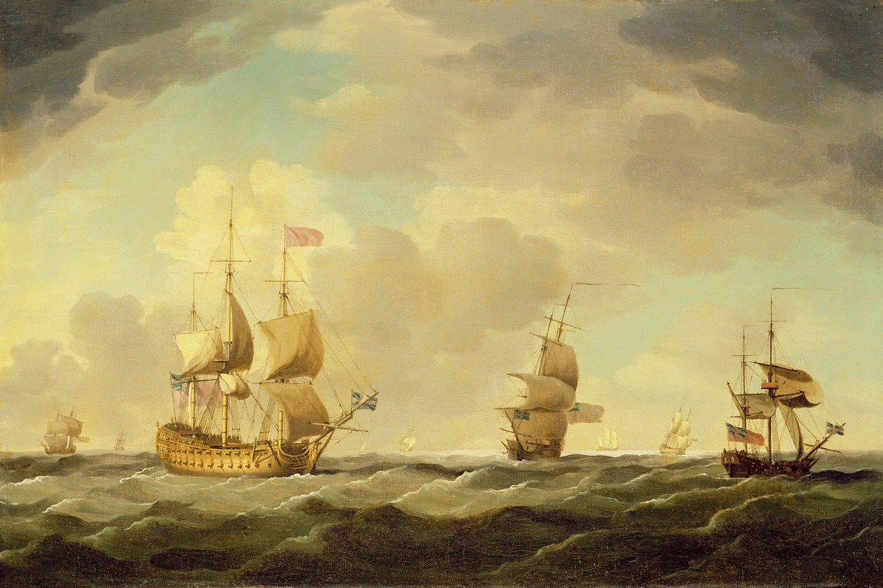 Een Engels vlaggenschip onder gemakkelijke zeil in een matige bries, c.1750 door Charles Brooking
