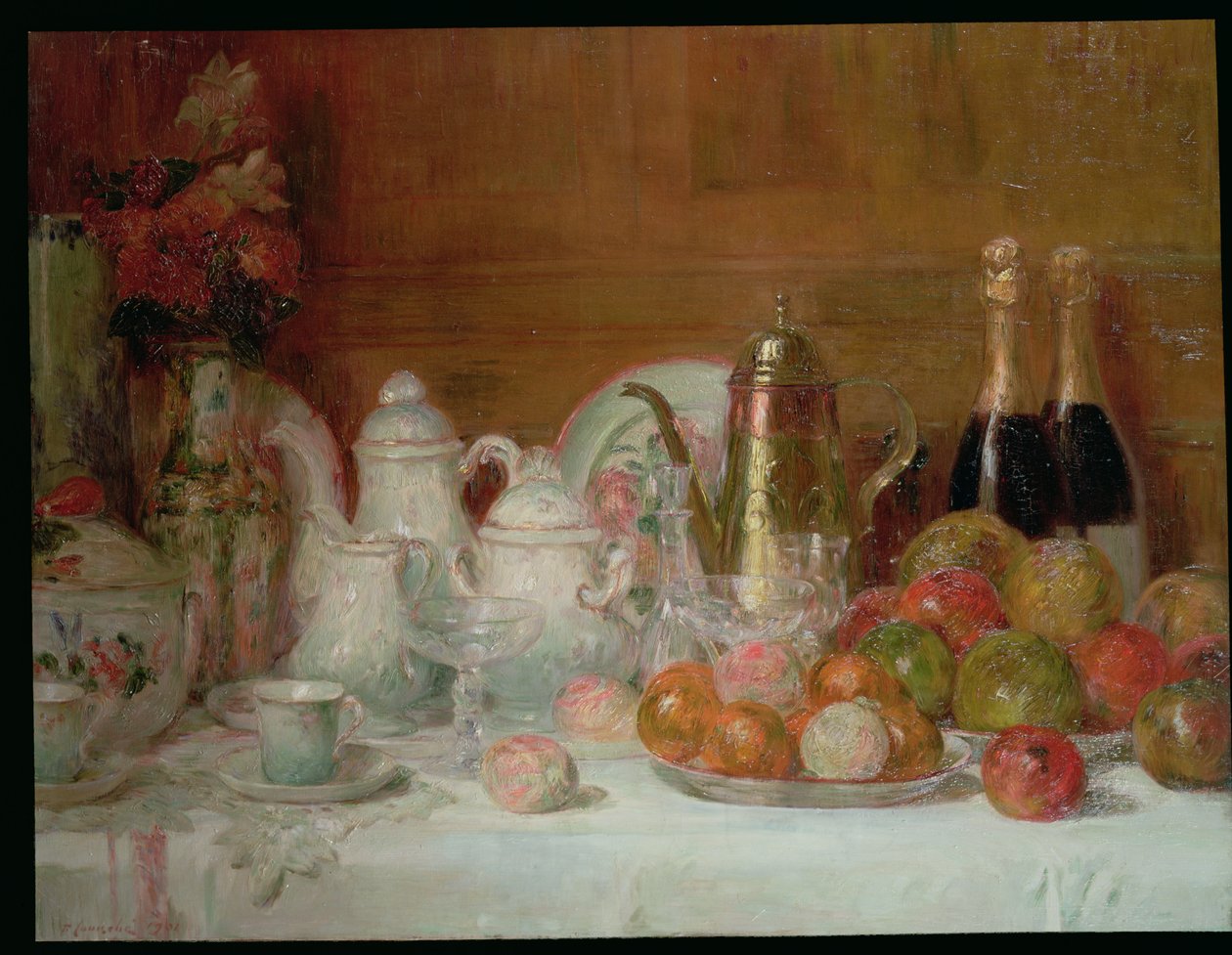 Stilleven met fruit en champagneflessen door Charles Couche