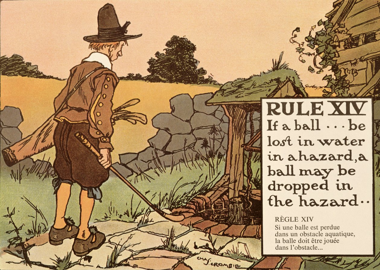 Regel XIV: Als een bal verloren gaat in water in een hindernis, mag een bal in de hindernis worden gedropt, uit 