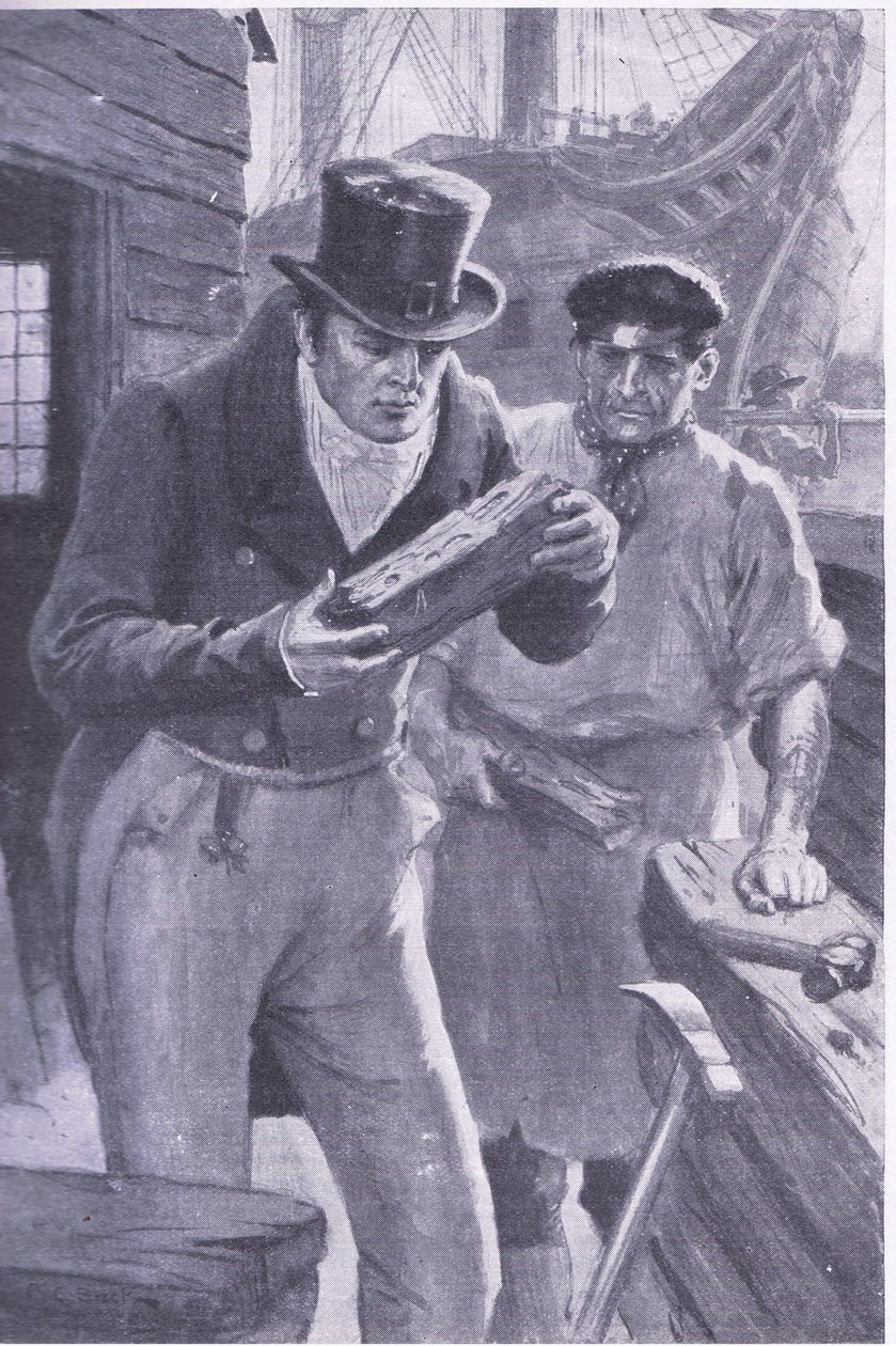 Brunel ziet een stuk scheepshout doorboord door een teredo, wat hem inspireert om onder de Theems te graven door Charles Edmund Brock