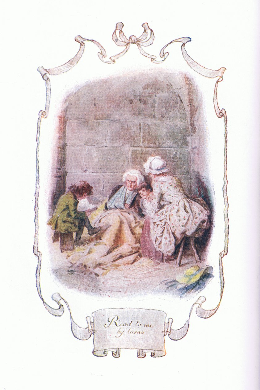 Lees mij om de beurt, uit The Vicar of Wakefield gepubliceerd door J M Dent & Son Ltd, 1920s door Charles Edmund Brock