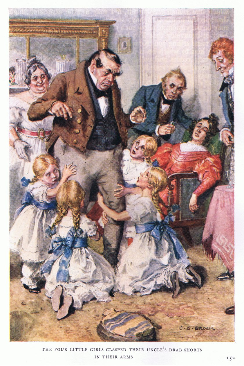 De vier kleine meisjes omklemden de drab shorts van hun oom met hun armen door Charles Edmund Brock