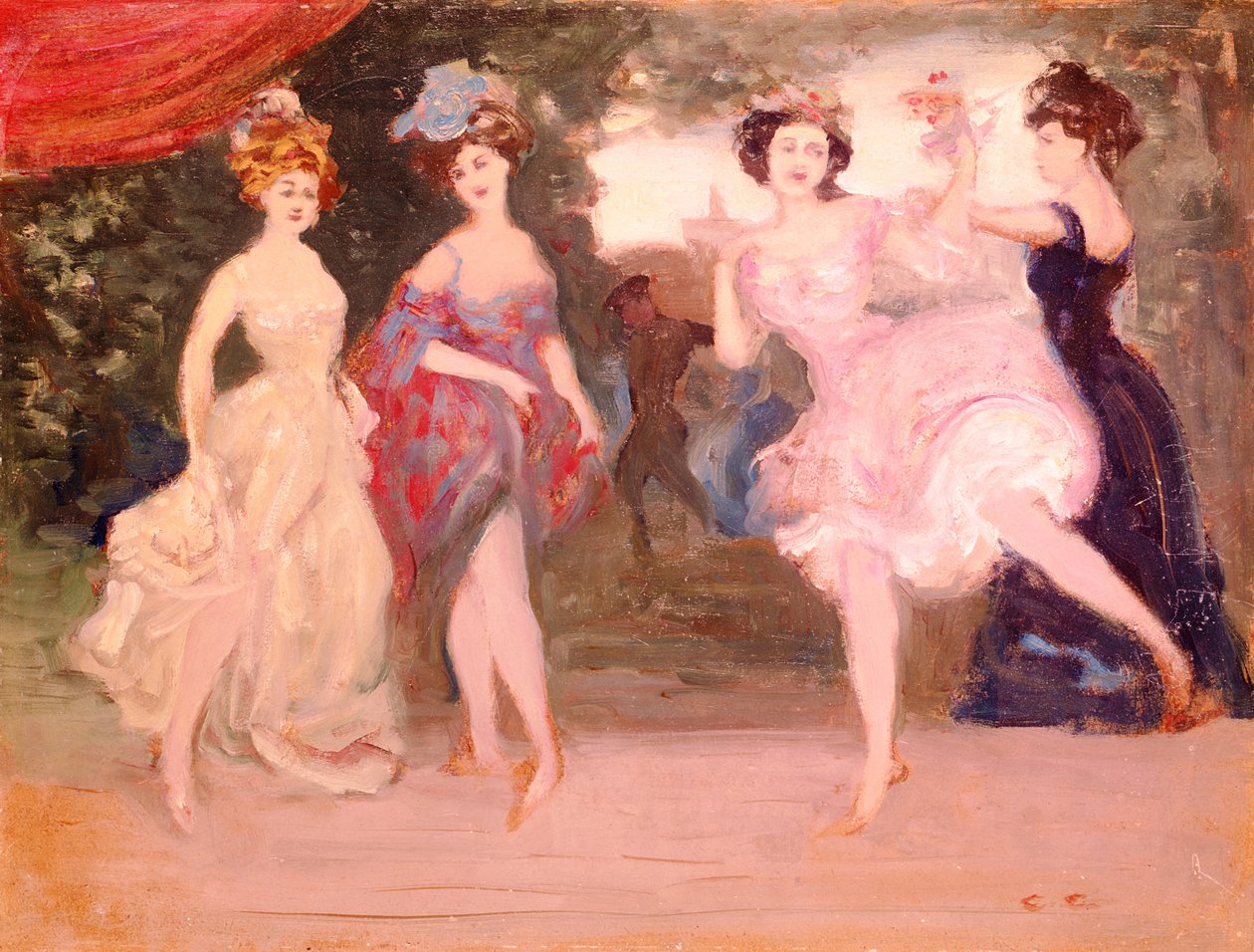 Vier dansende meisjes op het podium door Charles Edward Conder