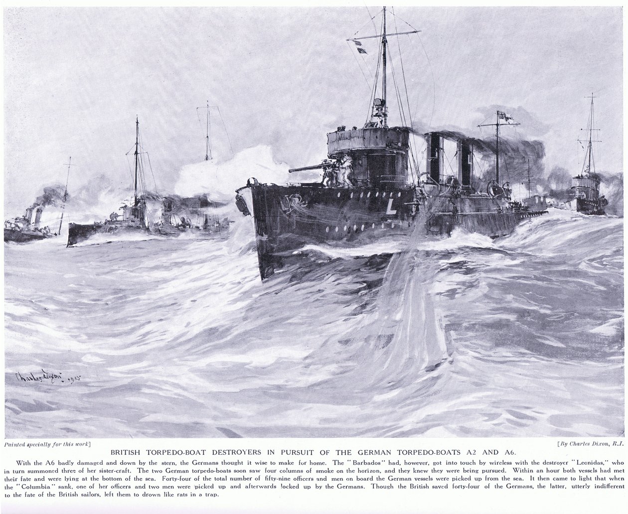 Britse torpedobootjagers achtervolgen de Duitse torpedoboten A2 en A6, november 1914 door Charles Edward Dixon