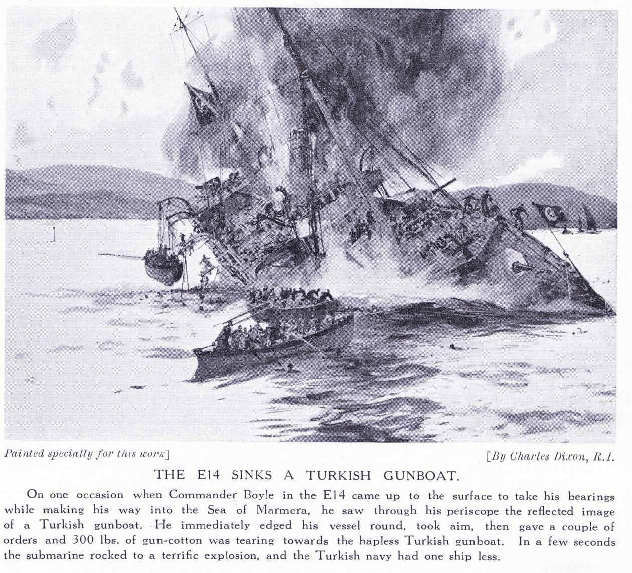 De E14 laat een Turkse kanonneerboot zinken in de Zee van Marmara 1915 door Charles Edward Dixon