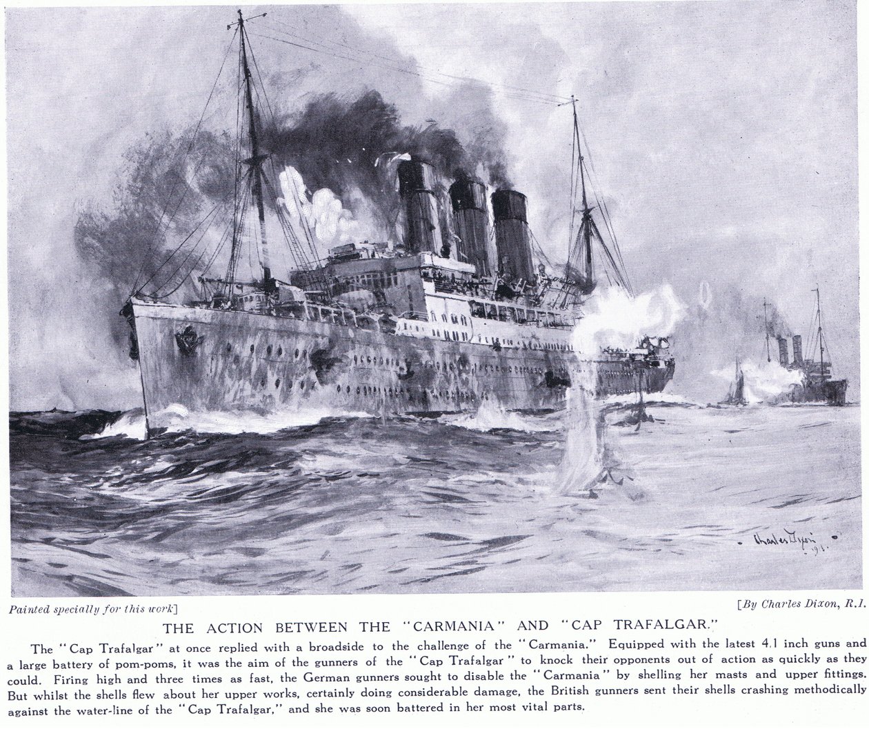 De actie tussen de Carmania en de Cap Trafalgar september 1914 door Charles Edward Dixon