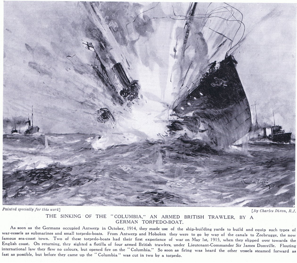 Het zinken van de Columbia, een bewapende Britse trawler door een Duitse torpedoboot aan de Engelse kustlijn oktober 1914 door Charles Edward Dixon