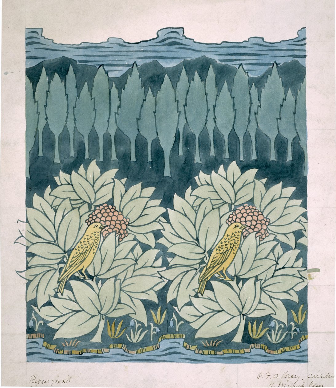 Vogels met dennenbomen door Charles Francis Annesley Voysey