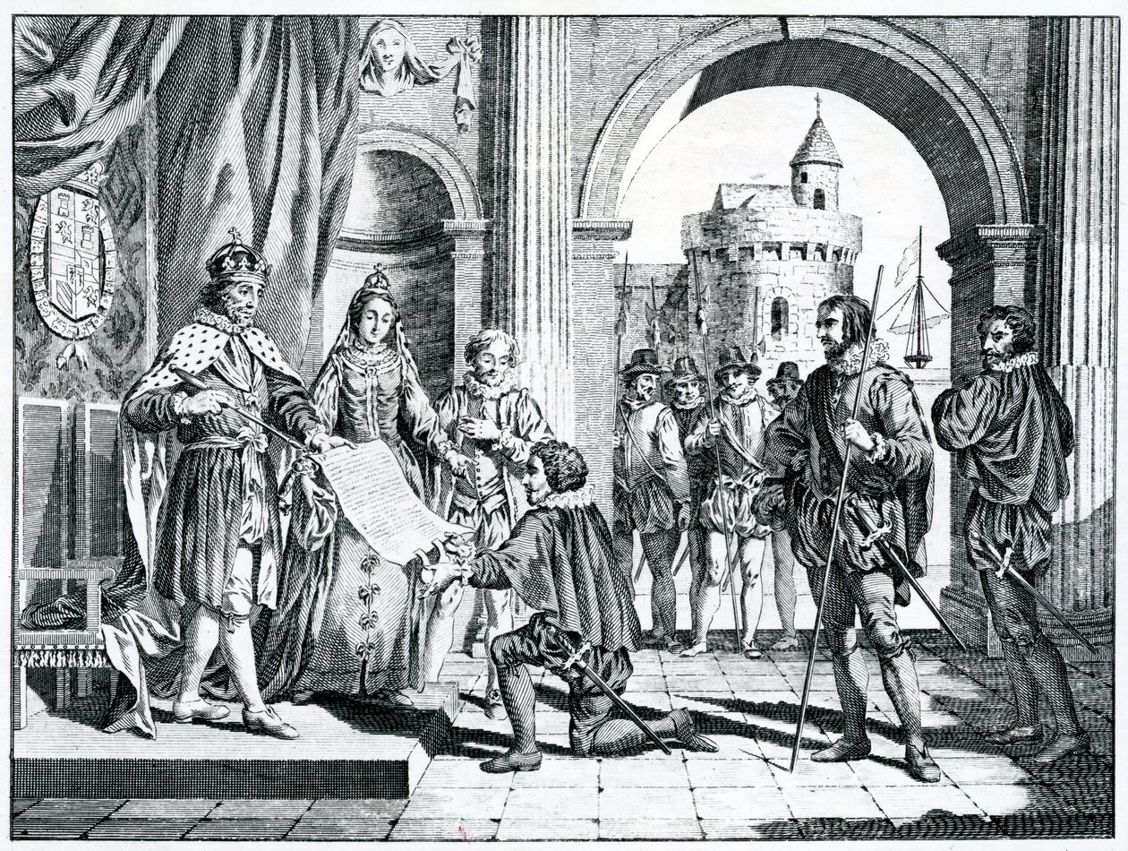Christoffel Columbus presenteert een verslag van zijn ontdekking van Amerika aan de koning en koningin van Spanje door Charles Grignion