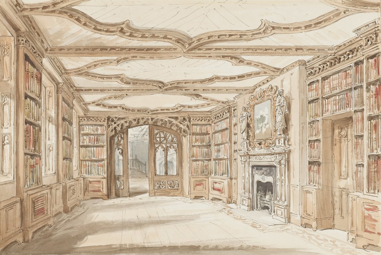 Interieur van een bibliotheek in gotische stijl door Charles James Richardson