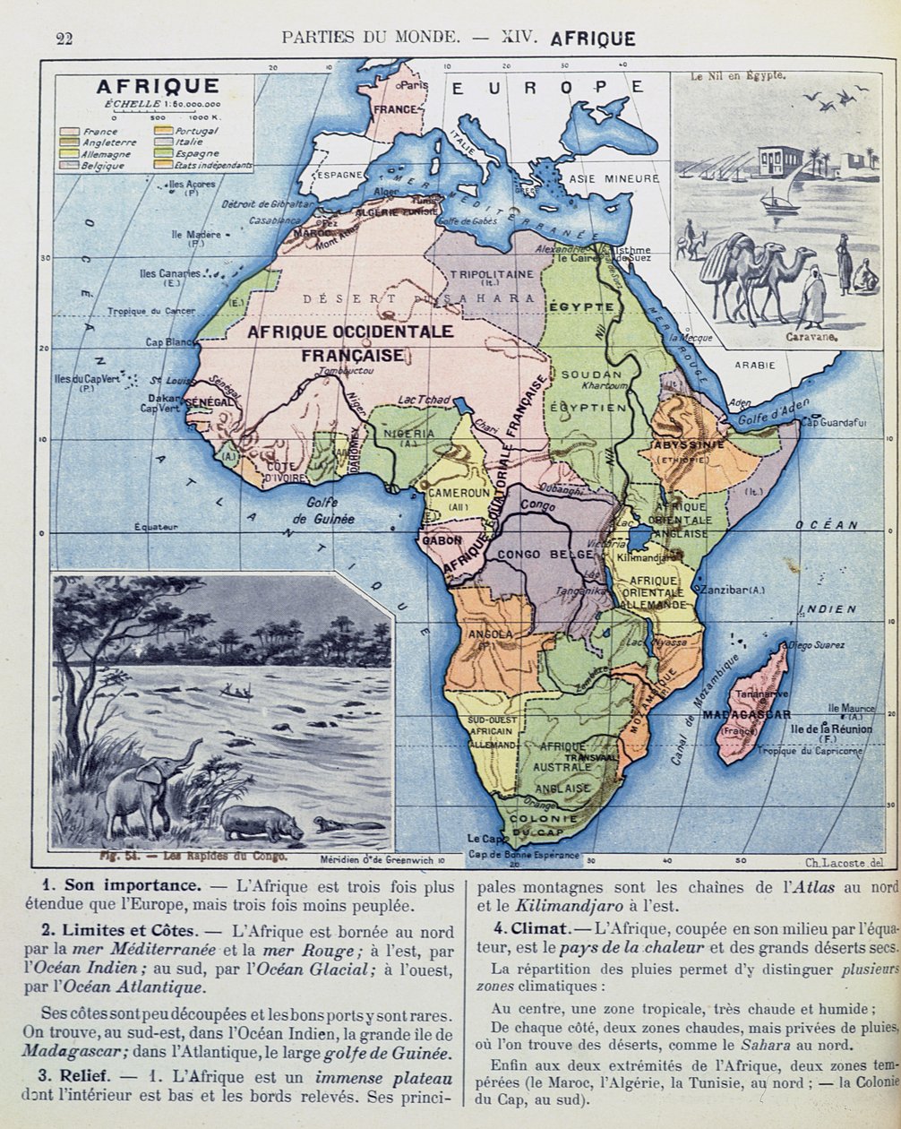 Kaart van Koloniaal Afrika, uit een schoolboek, gepubliceerd in 1911 door Charles Lacoste
