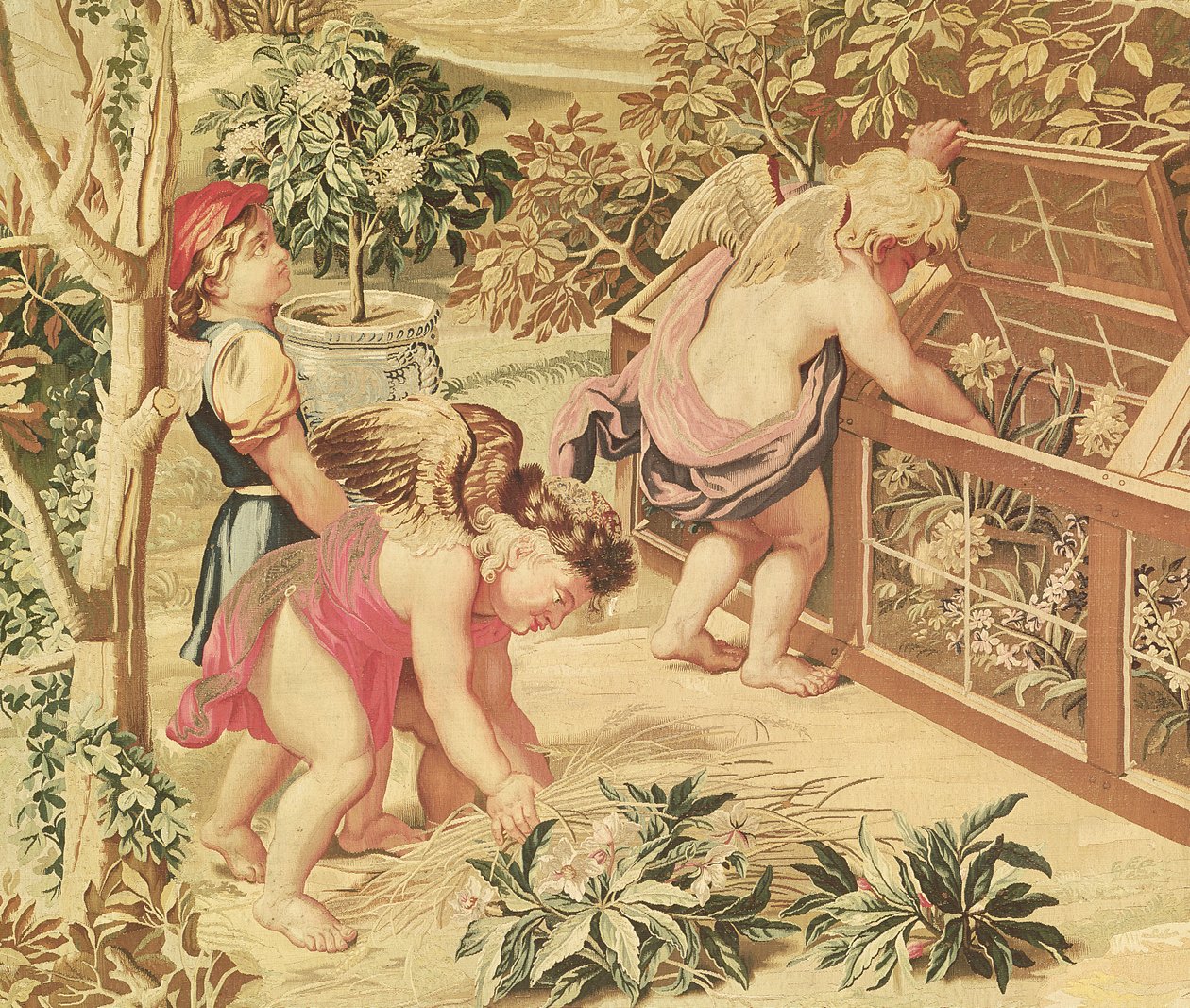 Kinderen tuinieren (naar een cartoon van Le Brun), geweven in het Atelier des Gobelins (wollen tapijt) door Charles Le Brun
