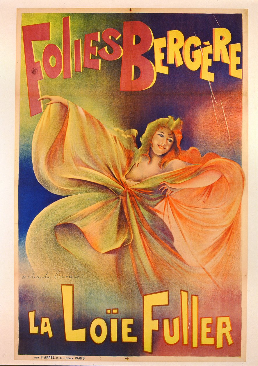 Poster die La Loie Fuller adverteert bij de Folies Bergere door Charles Lucas