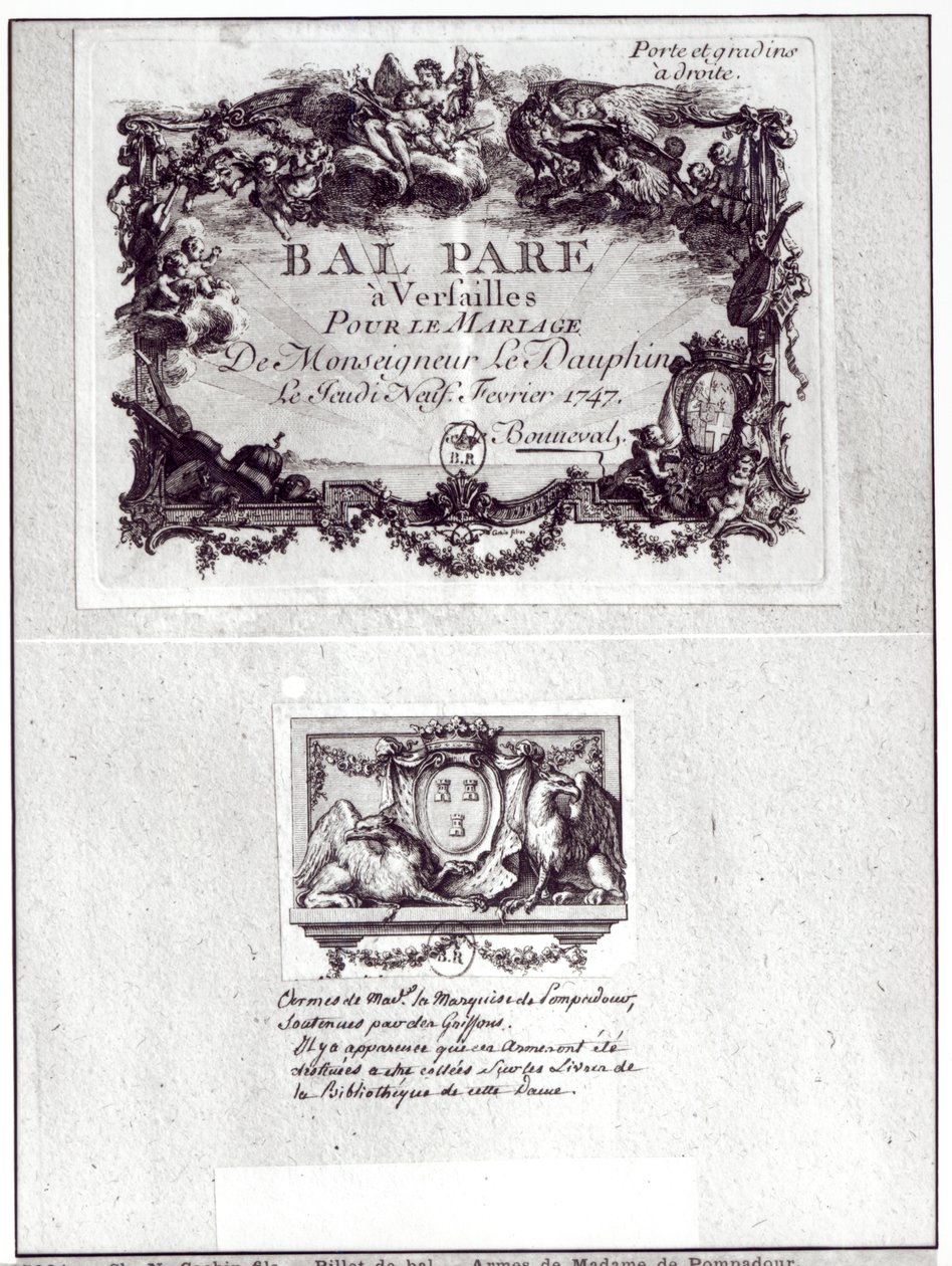 Toegangsbewijs voor het bal in Versailles voor het huwelijk van Monseigneur le Dauphin, 9 februari 1747 en Ex Libris met wapens van Madame de Pompadour (1721-64) door Charles Nicolas II Cochin