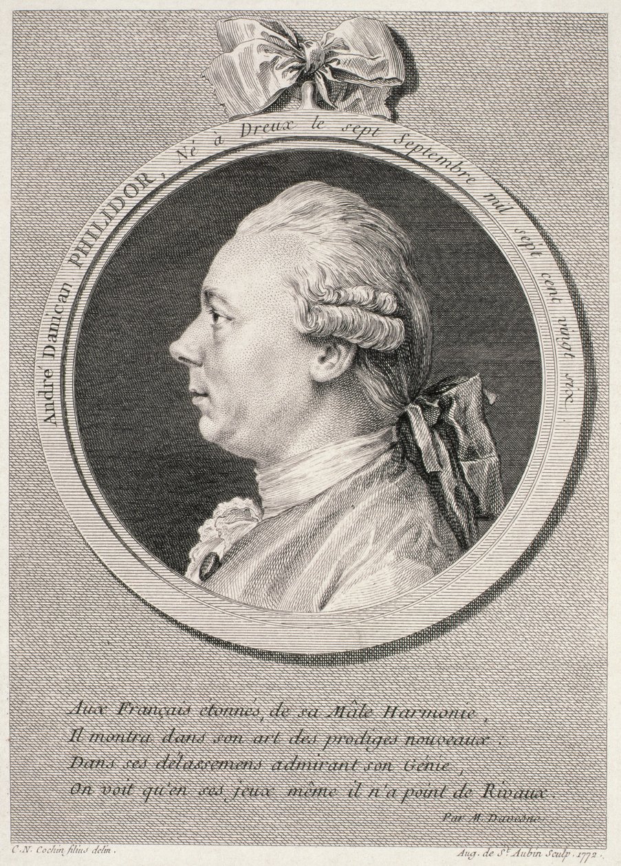 Portret van Francois-Andre-Danica Philidor (1726-95) gegraveerd door Augustus de Saint-Aubin, 1772 door Charles Nicolas II Cochin
