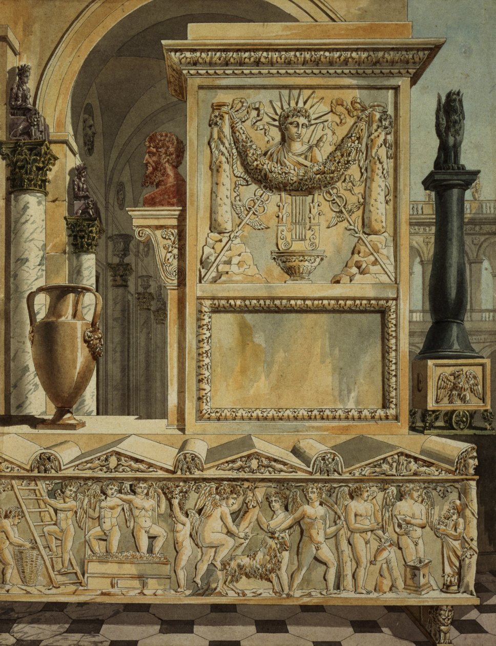 Een Klassieke Capriccio met een Sarcofaag, ontwerp voor een titelpagina uit 