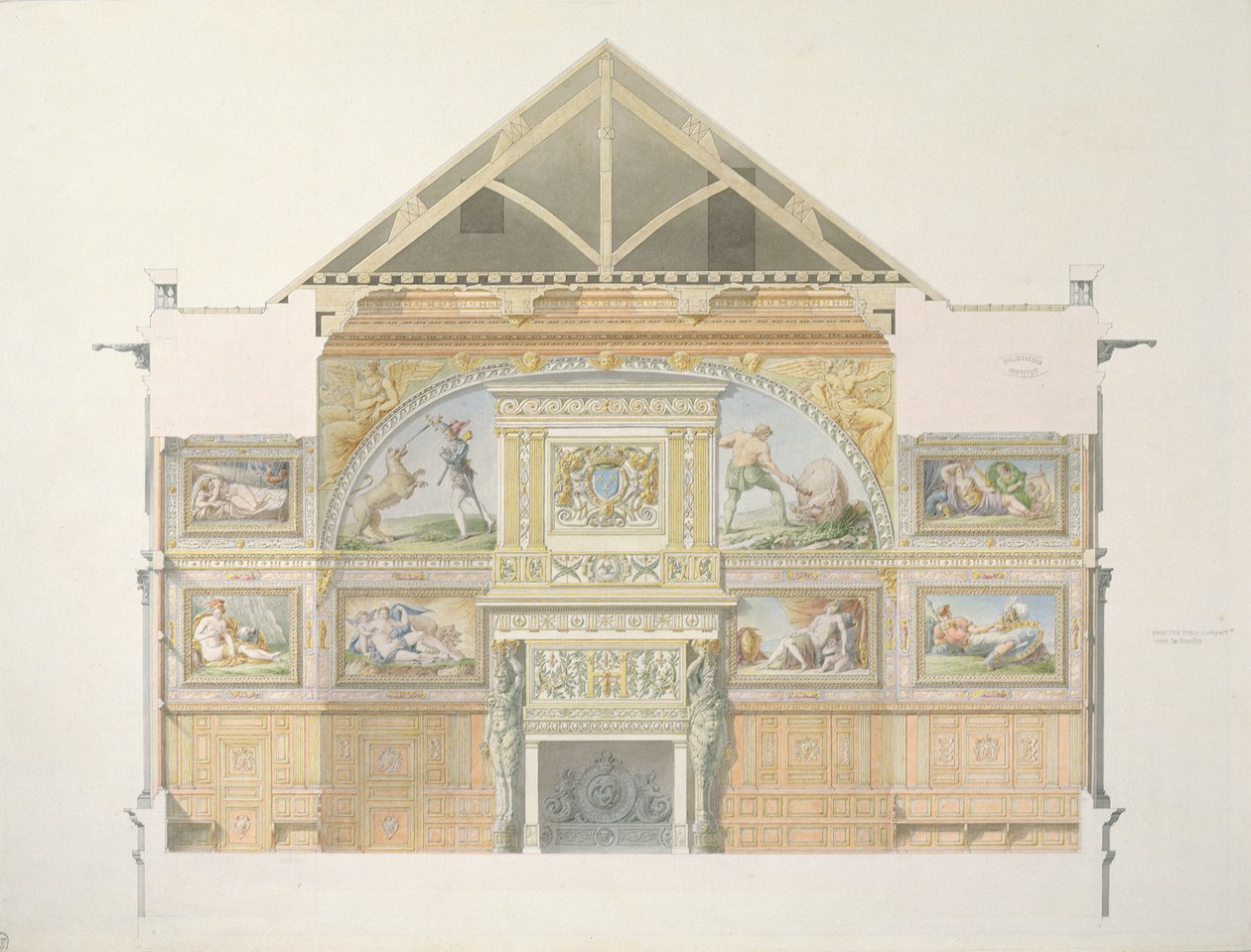 Ms 1014 Elevatie van de balzaal in Fontainebleau, plaat uit een album door Charles Percier