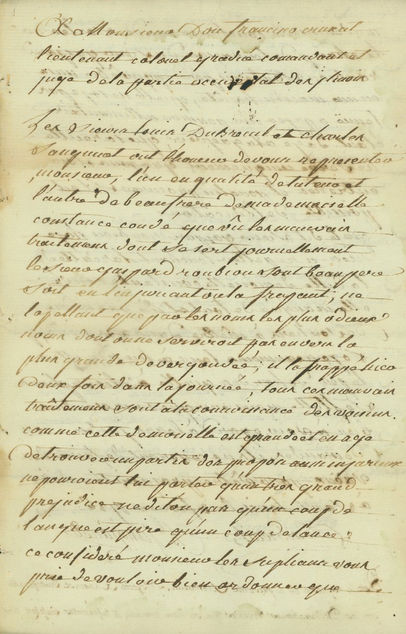 Verzoekschrift aan Monsieur Don Francisco de Cruzat, afgestudeerde Luitenant-Kolonel door Charles Sanguinet