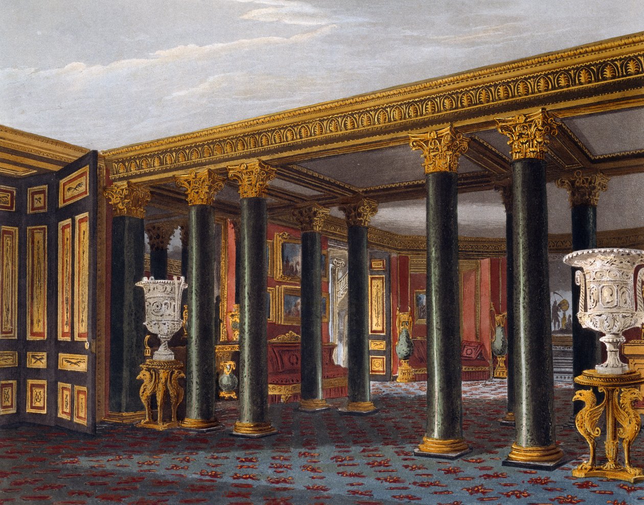 Lagere vestibule, Gravure door Richard Reeve (geboren in 1780), Gebaseerd op ontwerp van Charles Wild (1781-1835), Uit The History of the Royal Residences door Charles (after) Wild