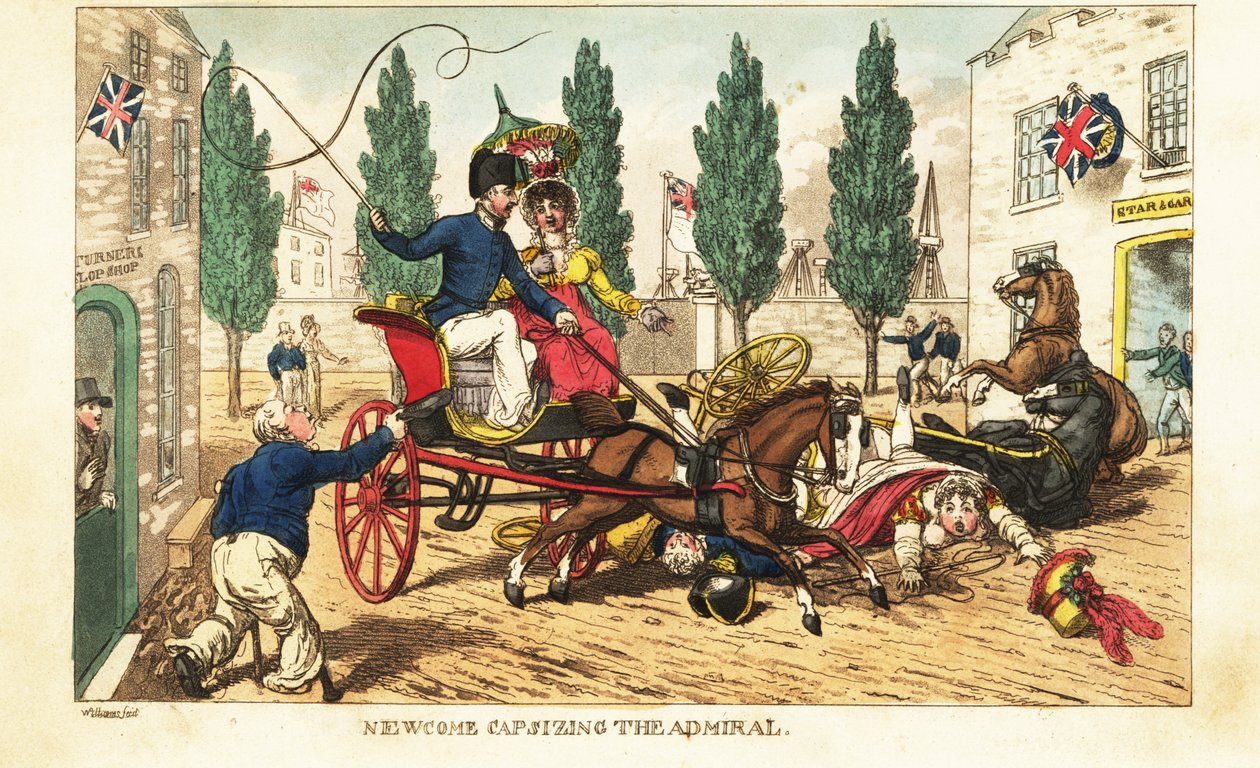 Adelborst Newcome crasht zijn gig in de tweespan van de admiraal in Gosport door Charles (c.1797 1850) (after) Williams