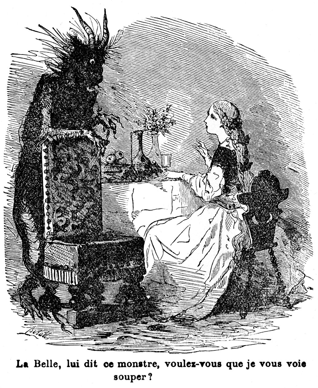 Illustratie voor het verhaal van mevrouw Jeanne Marie Leprince de Beaumont "Beauty and the Beast", 19e eeuw door Charles Albert dArnoux Bertall