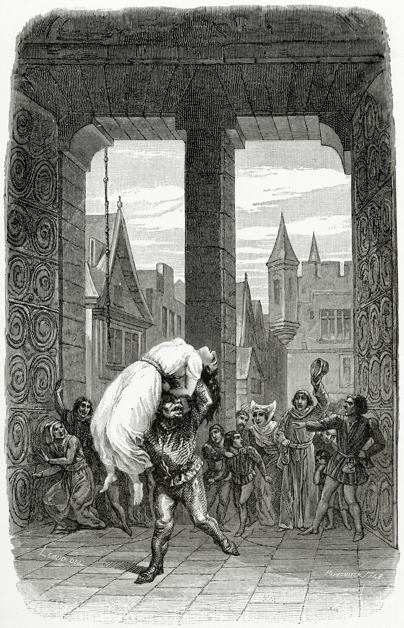 Quasimodo redt Esmeralda van executie - illustratie uit Notre Dame de Paris, 19e eeuw door Charles Alexandre Lesueur