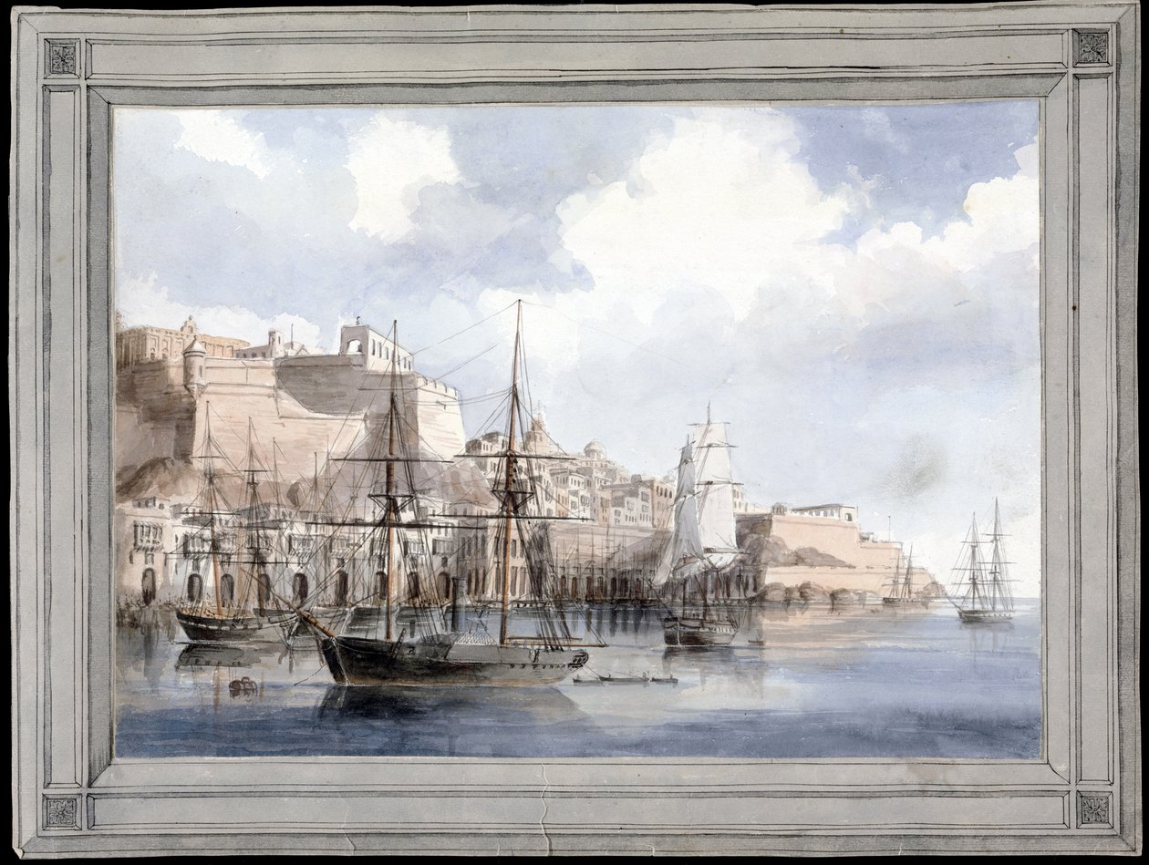 Uitzicht op Malta (de grote haven van Valletta met Fort Sant Angelo) door Charles Andrew Dyce